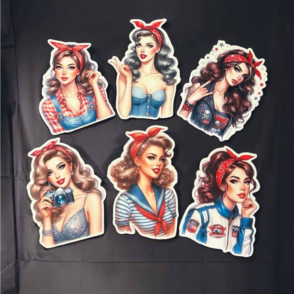 Set of 6 Vintage Pin-Up Girl Stickers approx. 2 x 2.7 inches | Retro Glamour & C